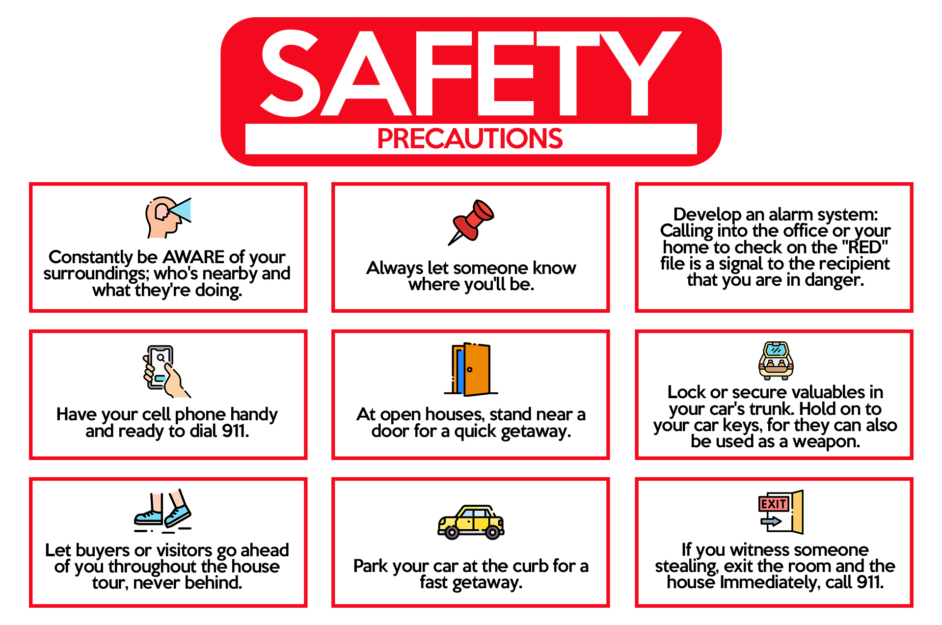  The image shows a list of safety precautions for outdoor learning. The precautions include being aware of your surroundings, letting someone know where you are, having a cell phone handy, being prepared to get away quickly, and locking your car and keeping valuables out of sight.