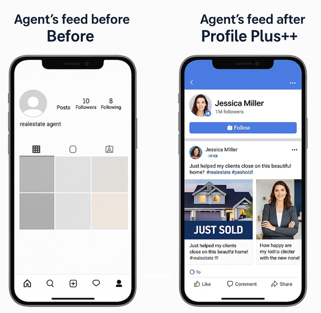 Before/after grid: “Agent’s feed before Profile Plus++” vs. “Agent’s feed after Profile Plus++”