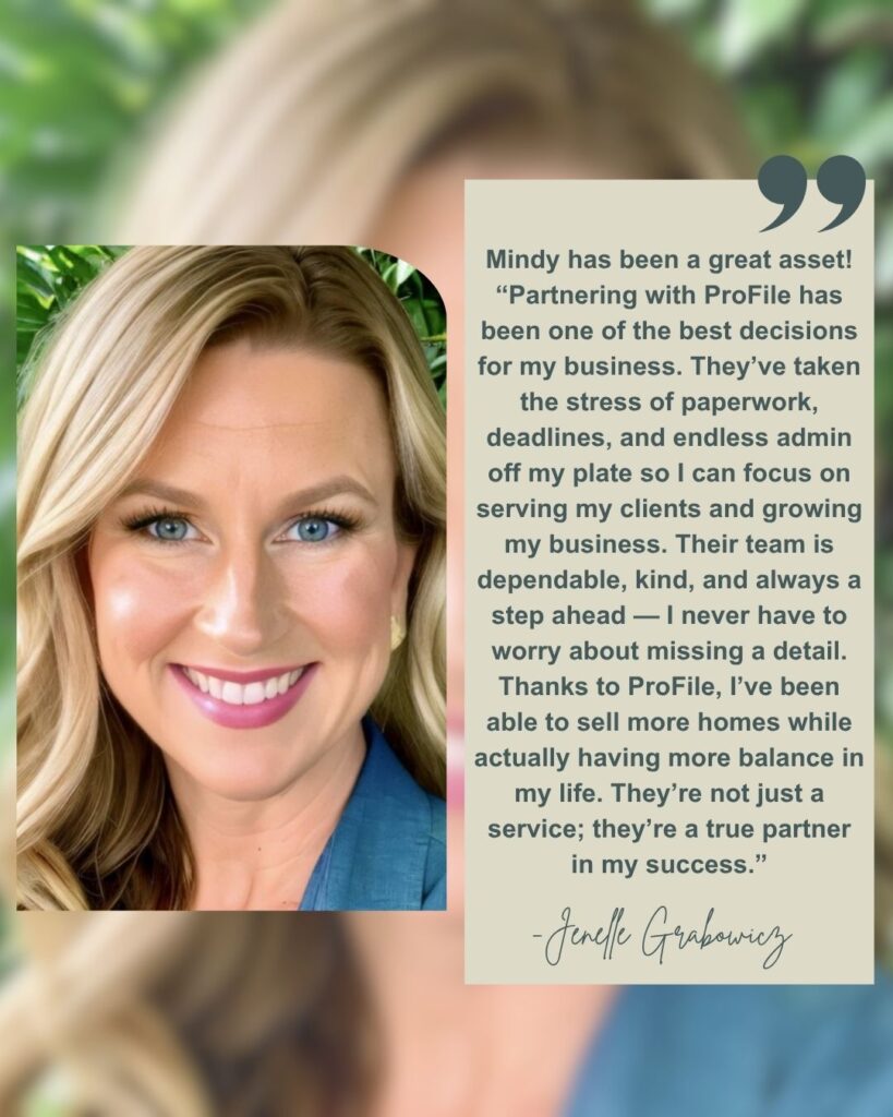 Client testimonial praising ProFileTM’s transaction coordination services for real estate agents