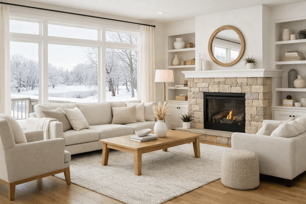 After photo of a Minnesota home listing with holiday décor removed, showing a clean and neutral living room recommended by a Minnesota transaction coordinator