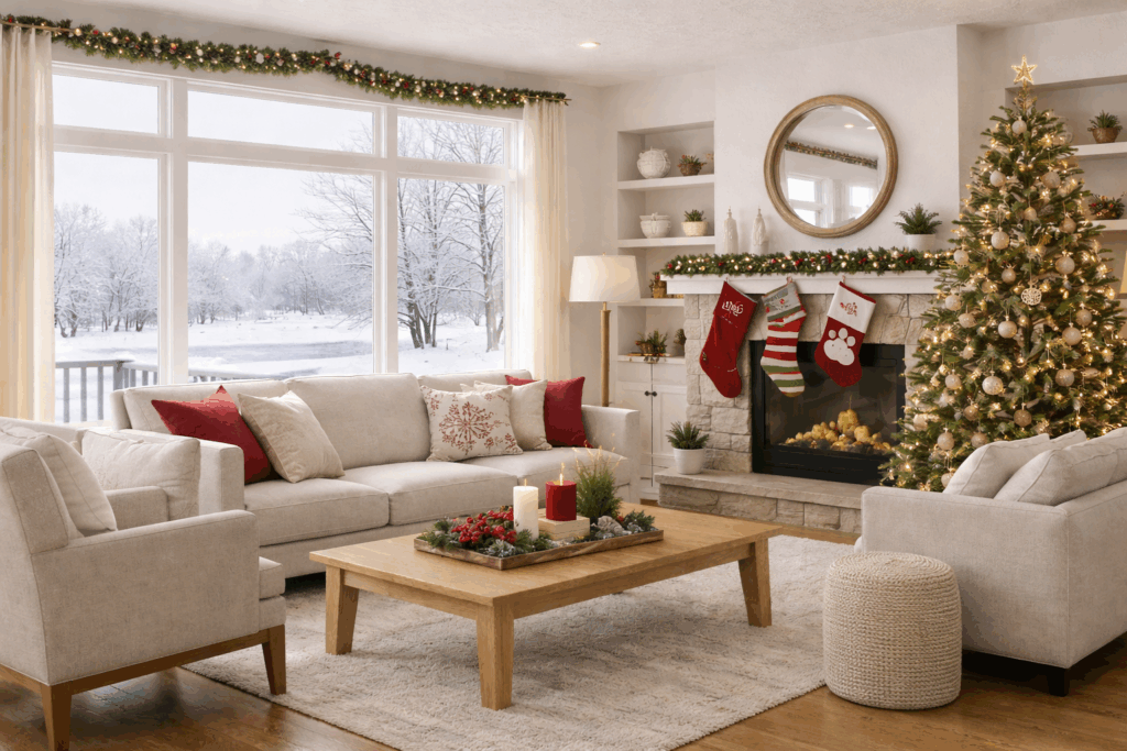 Before photo of a Minnesota real estate listing with holiday décor still displayed, including Christmas tree and stockings that can date listing photos