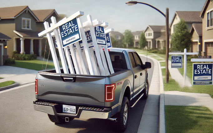 Real estate sign installer placing yard sign in Twin Cities