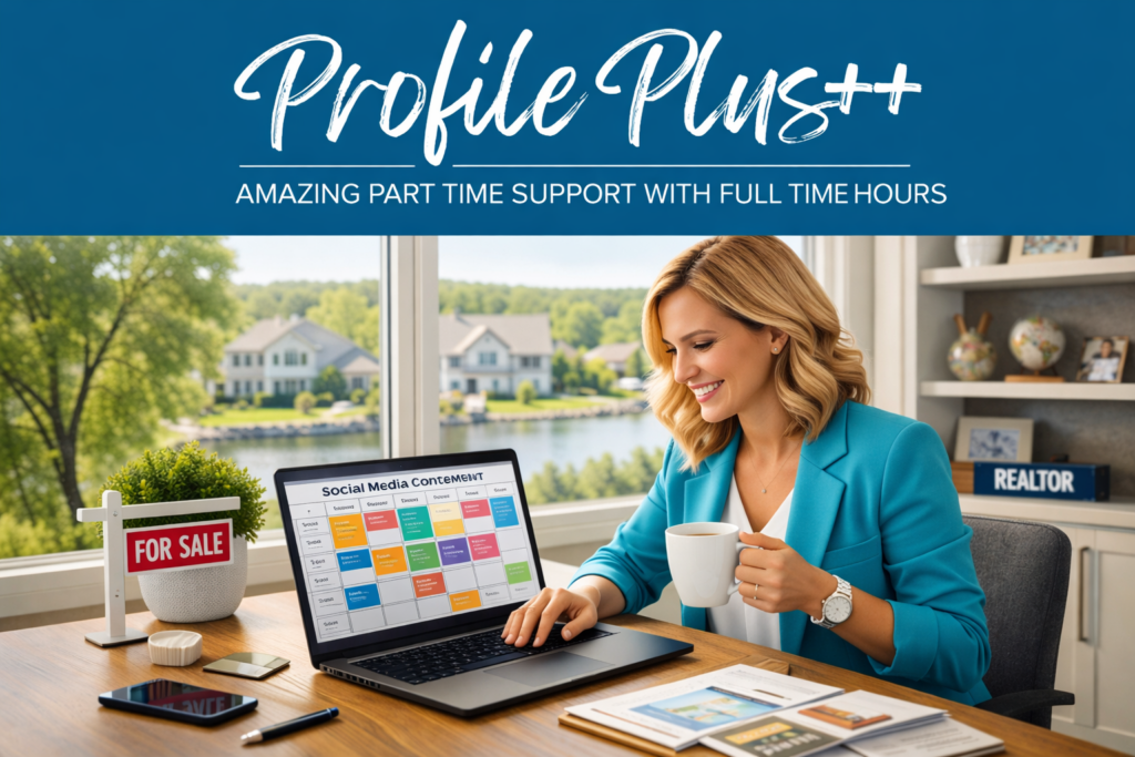 Real estate agent working on a laptop with a social media content calendar in a bright Minnesota home office during summer