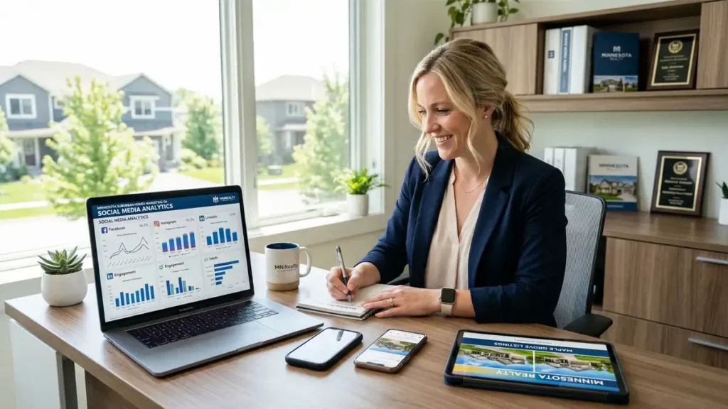 Real estate agent planning marketing strategy for real estate marketing ideas 2026 using social media analytics and local market data