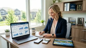 Real estate agent planning marketing strategy for real estate marketing ideas 2026 using social media analytics and local market data