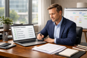 Real estate agent reviewing transaction checklist and closing timeline on laptop
