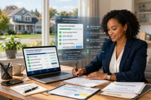 Real estate agent using virtual assistant to reduce transaction coordinator cost by managing checklist and documents on laptop