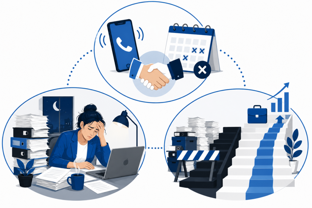 Illustration showing missed business opportunities, burnout, and slower business growth caused by managing every real estate transaction yourself.