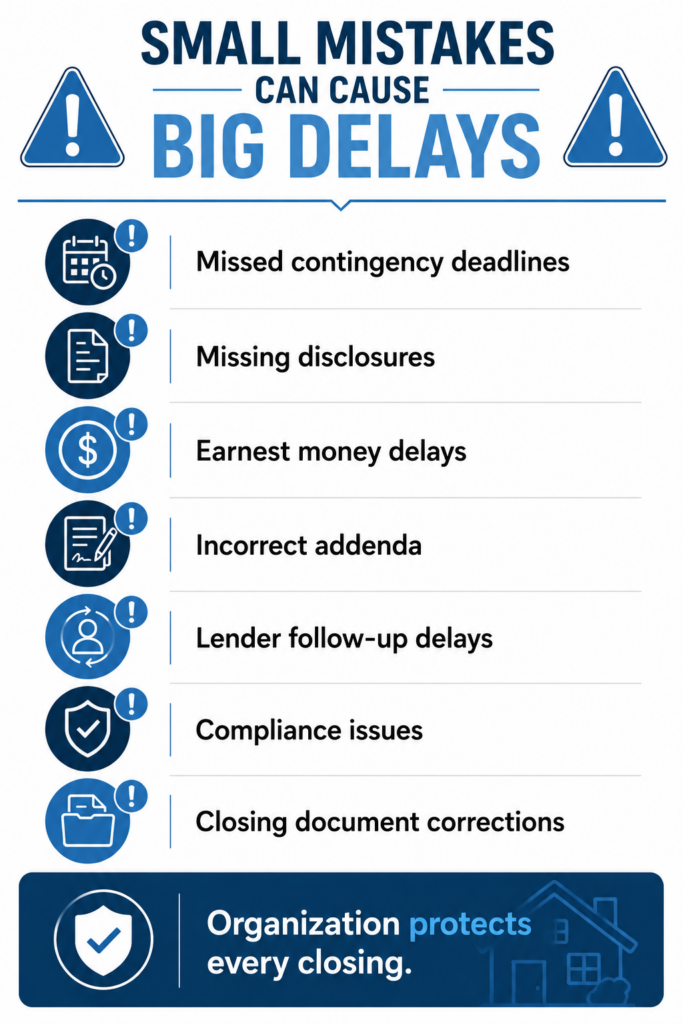 Checklist of common real estate transaction mistakes including missed deadlines, missing disclosures, compliance issues, and closing document corrections.