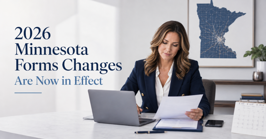 Minnesota real estate agent reviewing the updated 2026 Minnesota REALTORS forms at an office desk.