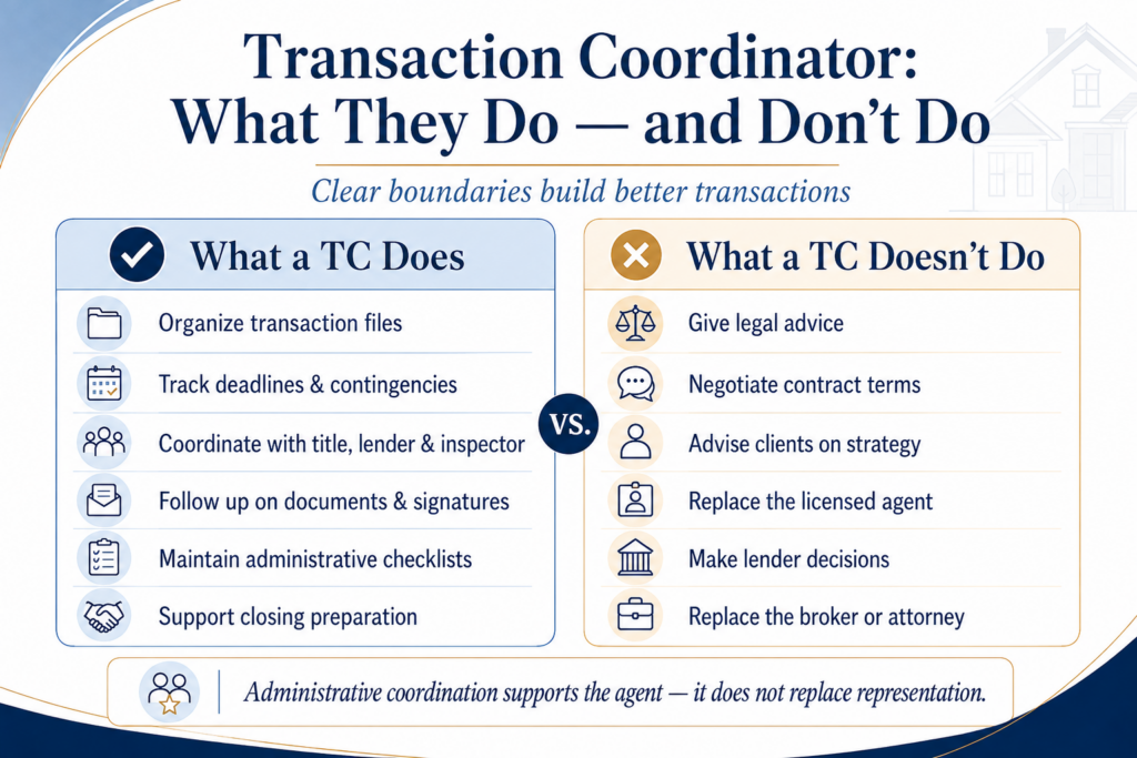 Transaction coordinator comparison infographic showing administrative tasks a TC handles and responsibilities that remain with the real estate agent or other professionals.
