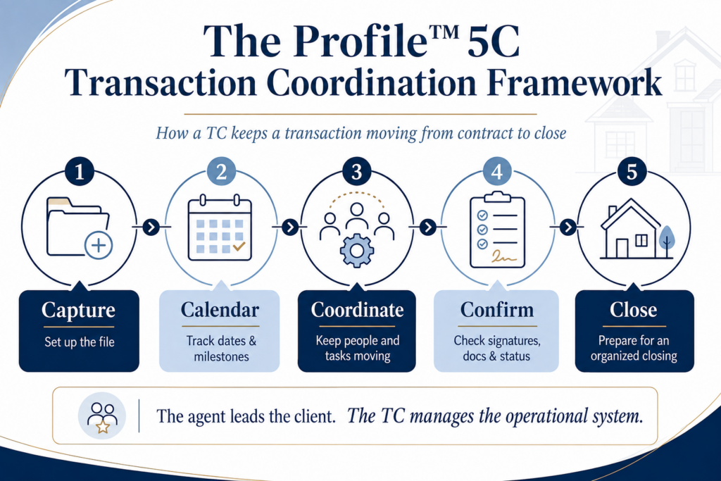 Infographic showing common transaction coordinator responsibilities from contract setup through closing preparation.