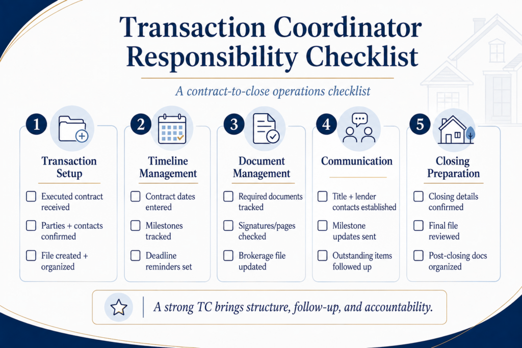 Transaction coordinator responsibility checklist covering transaction setup, timeline management, document management, communication, and closing preparation.