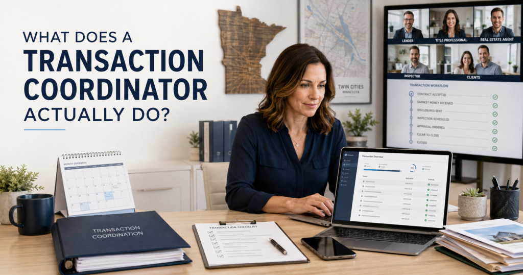 Professional transaction coordinator reviewing a real estate transaction checklist, deadlines, documents, and closing tasks on a computer.