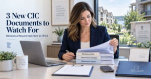 Minnesota real estate transaction coordinator reviewing CIC disclosure documents including a maintenance plan, schedule, and budget.